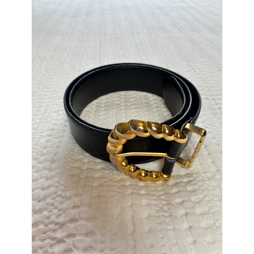 Vtg Cipriani Leather Belt Navy Leather Gold Buckle Women Large Glazed Cowhide